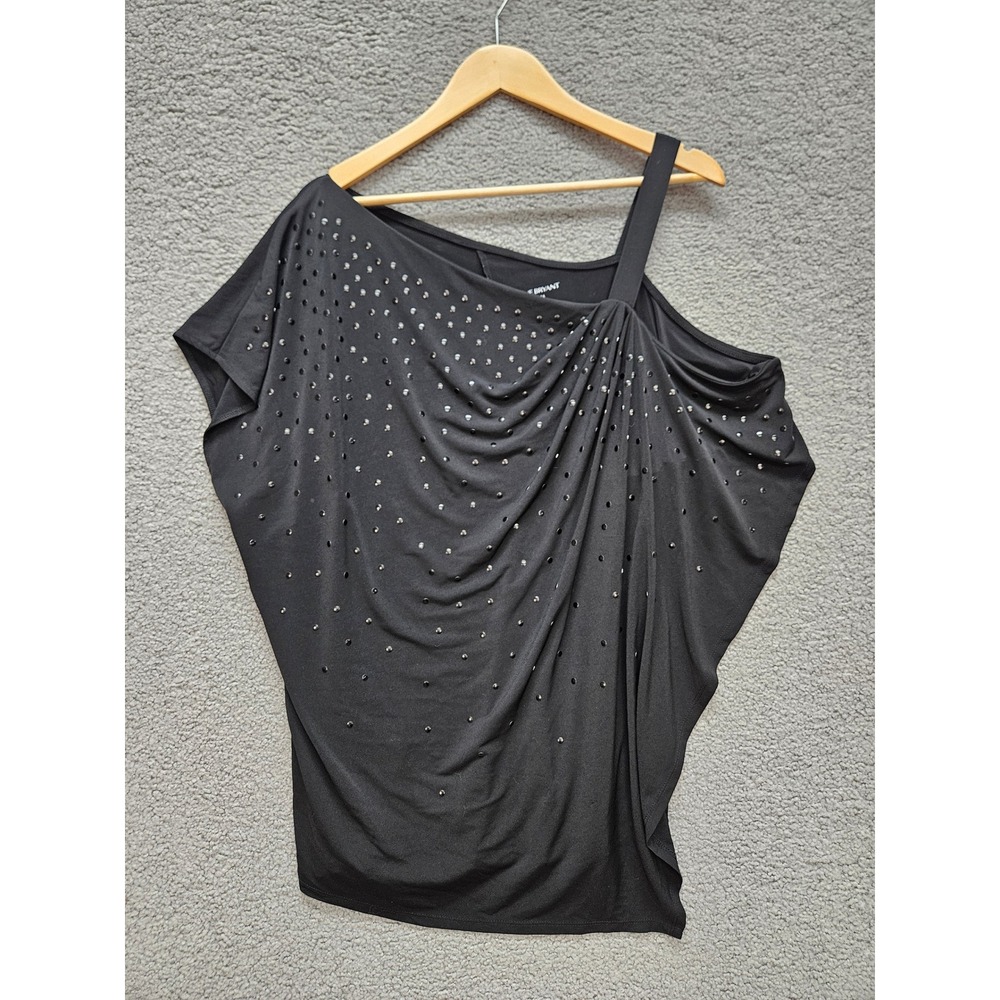 Lane Bryant One Shoulder Blouse 22/24 Black Studded Draped Asymmetrical Top